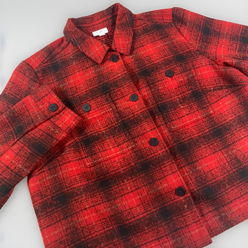 J. Jill Brushed Jacket Button Front Shacket Red Black Buffalo Plaid Women L Tall